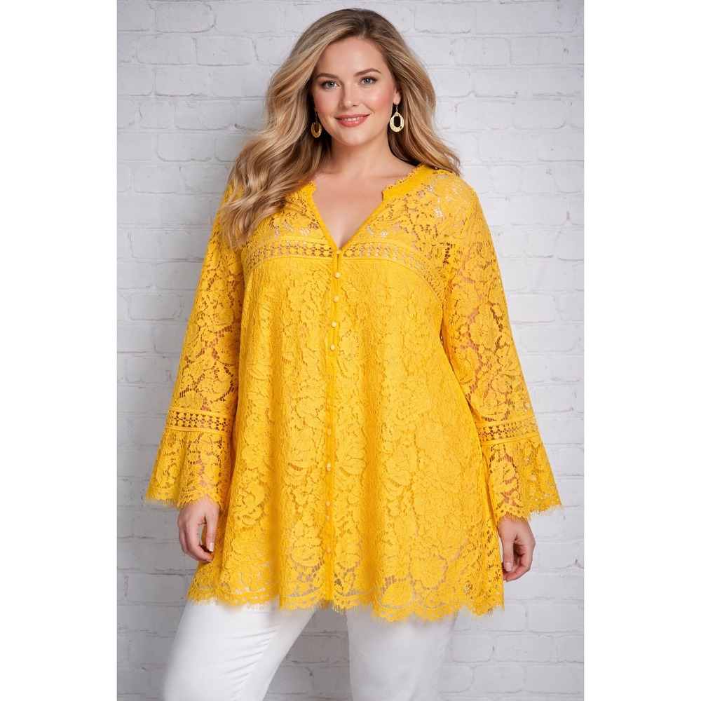 Roamans 30W Yellow Lace Tunic Top Button Front‎ Boho Plus Size Vintage